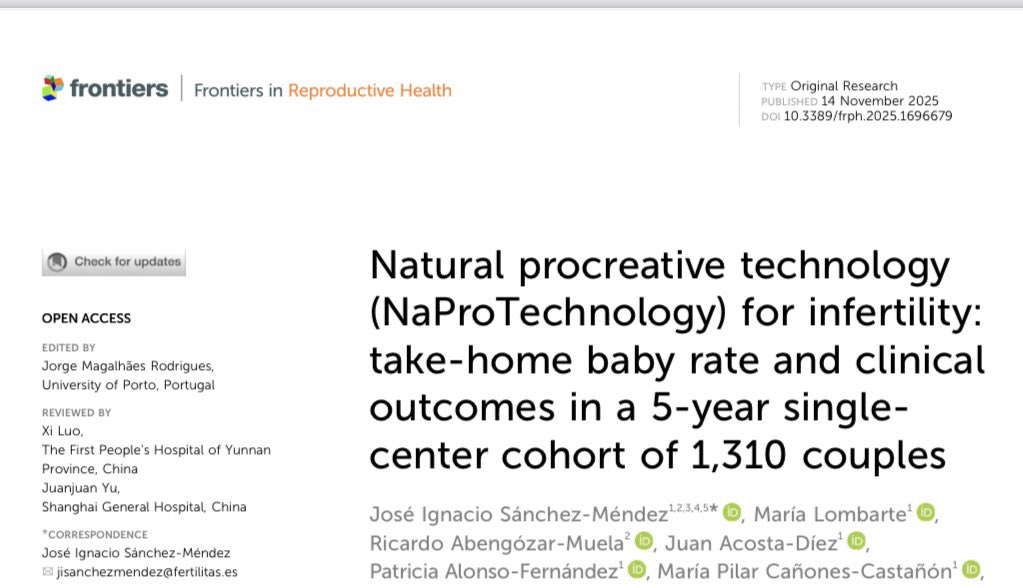 NaomiMWhittaker's tweet image. New RESEARCH HOT off the press! 🔥

Natural Procreative Technology (NaProTechnology, NPT), a version of Restorative Reproductive Medicine, was evaluated in a large 5-year cohort study involving 1,310 infertile couples in Spain. 

Success rates: 83.7% at ages 18–30, 53.3% at…