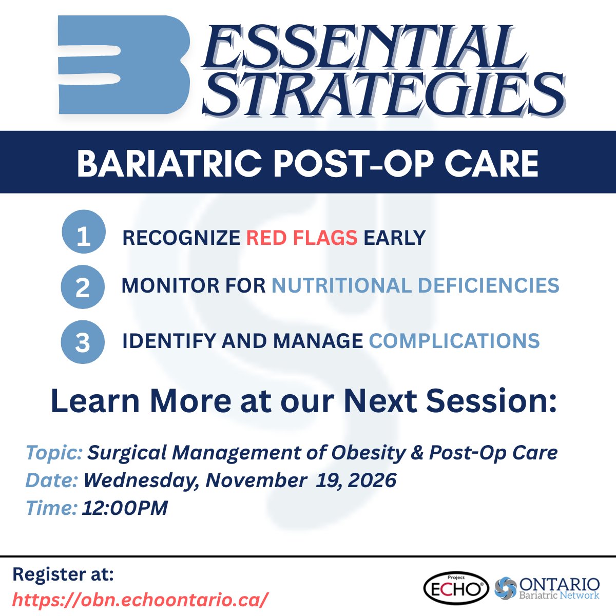 ObnEcho's tweet photo. 💡 Healthcare professionals: ready to elevate your bariatric post-op patient care virtually and for free?

Join the ECHO OBN, learn essential strategies to improve outcomes, and earn CME credits!

🔗Register now: https://t.co/GdjRWfd5QB

#BariatricCare #ECHOOBN  #CME #healthcare https://t.co/Yqc5NOb0nt