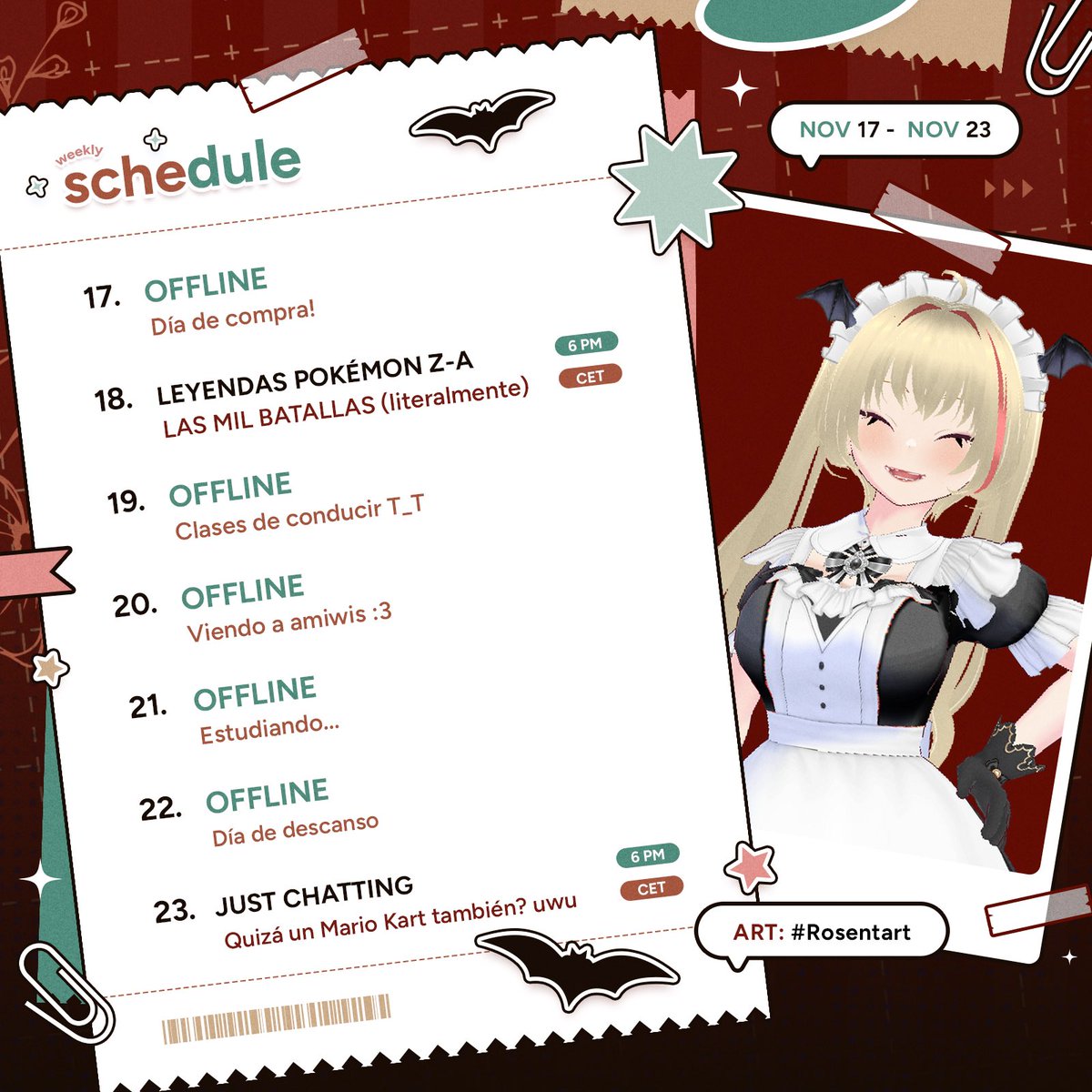 ₊˚⊹ ᰔ Calendario semanal ✶⋆.˚

Cuánto tiempo sin calendario! 🥹 Por fin pude volver a hacer uno...Quería haber organizado algo chulo pero no estoy 100% recuperada de la gripe y prefiero estar de tranquis!

Referencias:

🇪🇸: 6pm
🇲🇽: 11am
🇨🇴🇵🇪🇪🇨: 12pm
🇻🇪🇧🇴🇨🇱🇵🇾: 2pm
🇦🇷🇺🇾: 3pm