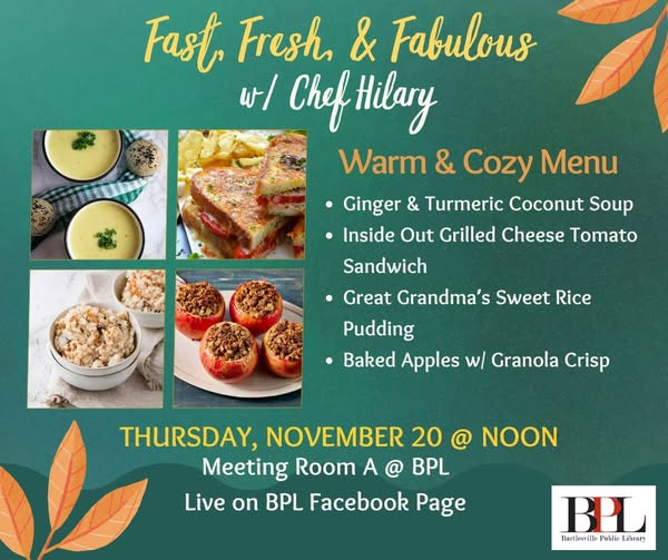 bvillelibrary's tweet image. Join Chef Hilary for another session of Fast, Fresh, &amp;amp; Fabulous! This free healthy cooking class is designed to inspire you in the kitchen! This month’s menu is warm, cozy, and perfect for the season.  
#BPLlibraryLife #healthycookingclass #freeclass