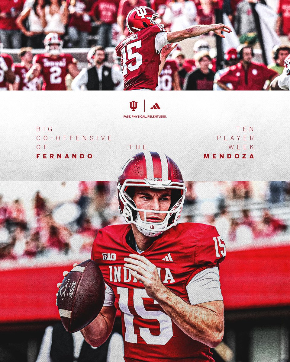 IndianaFootball's tweet image. 22-24, 299 yards, four passing touchdowns. 

Fernando Mendoza is your B1G Co-Offensive Player of the Week!