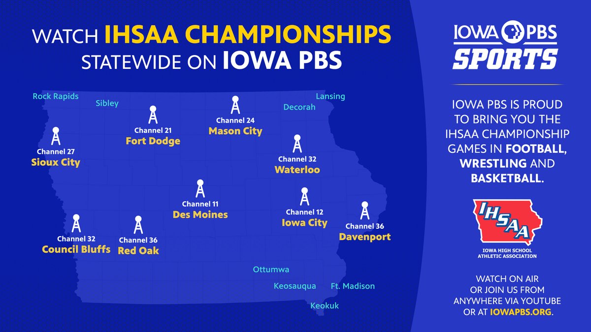 This week's football finals broadcasts move over to statewide <a href="/IowaPBS/">Iowa PBS</a>! We're excited to have all seven #iahsfb championships featured over the air and online. 
📽️iahsaa.org/watch
🏈iahsaa.org/football/state…