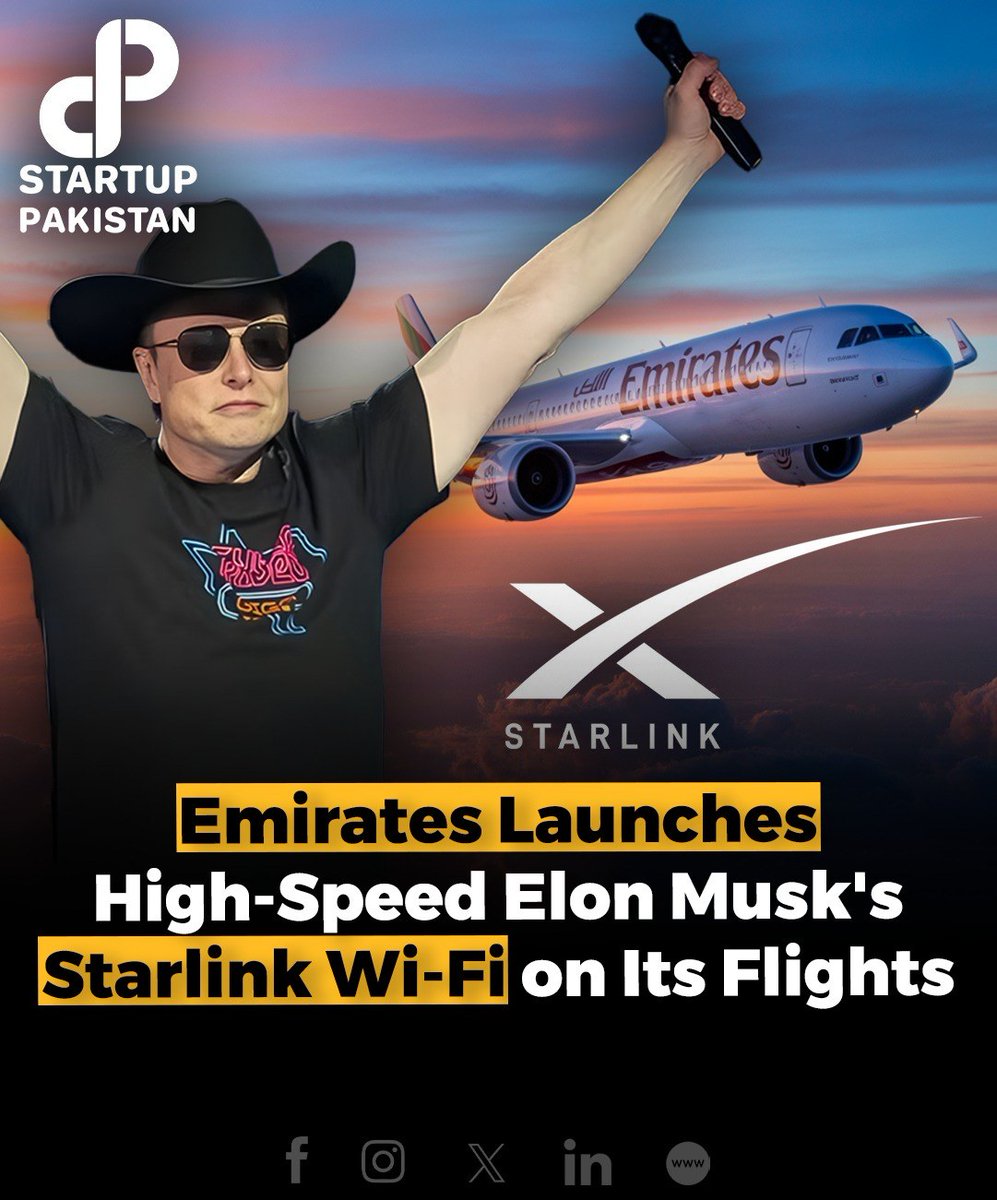 PakStartup's tweet image. Emirates Airlines has partnered with SpaceX’s Starlink to provide high-speed in-flight Wi-Fi across its widebody fleet, marking a major milestone for Elon Musk in the Middle East aviation market. 

#EmiratesAirlines #Starlink #SpaceX