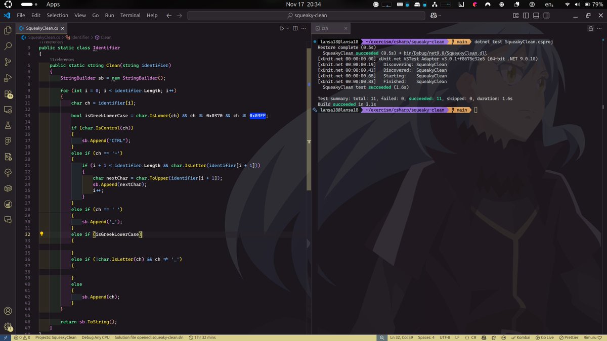 Lansa_18's tweet image. Solved the SqueakyClean problem on @exercism_io today, and it was more challenging than expected.
Had fun using StringBuilder to build different string outputs based on conditions, and learned (again) how a tiny mistake in an else-if chain can break everything.

#csharpdev