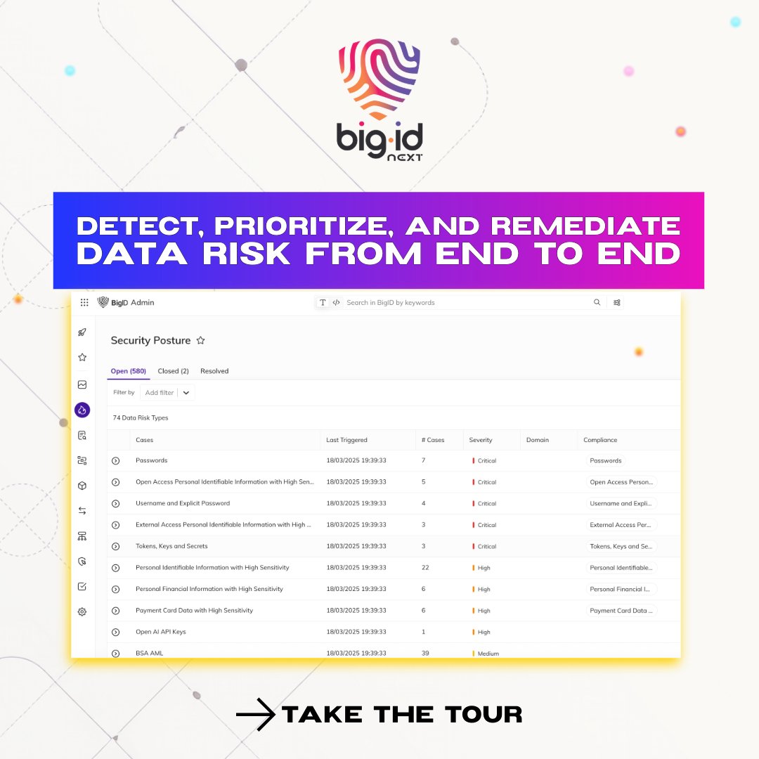bigidsecure's tweet image. Traditional security protects systems. BigID protects your data.

See how data-first security helps you find where sensitive data lives, understand exposure, and take action to reduce risk, fast. ⚡Take the self-guided tour and see how real data security works.…