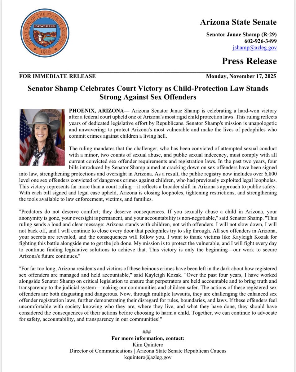 🚨FOR IMMEDIATE RELEASE: Senator Shamp Celebrates Court Victory as Child-Protection Law Stands Strong Against Sex Offenders 

Full press release: azsenaterepublicans.gov/post/senator-s…

<a href="/AZSenatorShamp/">AZ Senator Formerly Known as Majority Leader</a> <a href="/kayleigh_kozak/">Kayleigh Kozak</a>