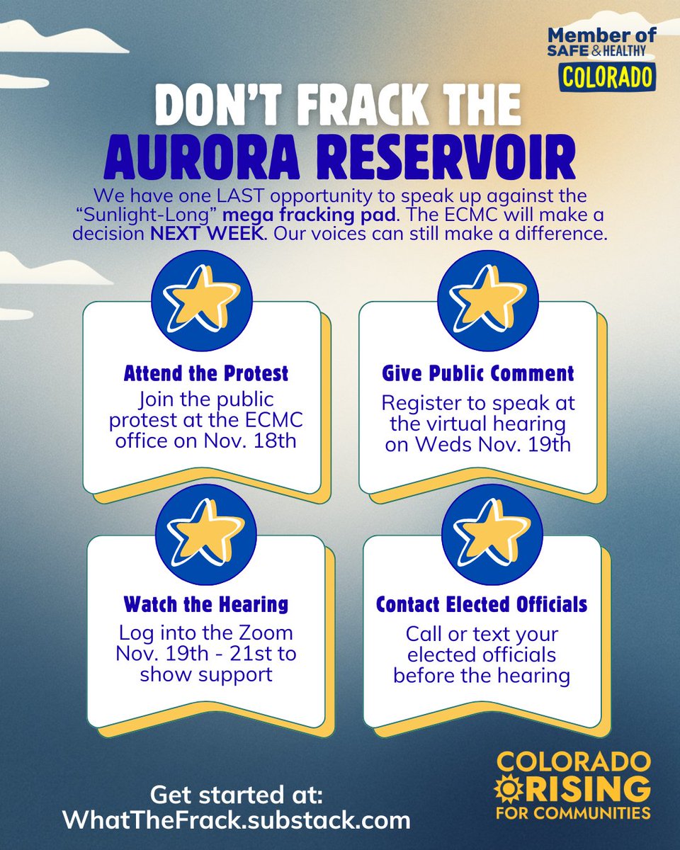 The time to protect the Aurora Reservoir is now. The State of CO has not yet approved the permit to for the 32-well "Sunlight-Long" residential oil &amp; gas fracking plan in SE Aurora and you can still make a difference. Find more info and directions at WhatTheFrack.substack.com