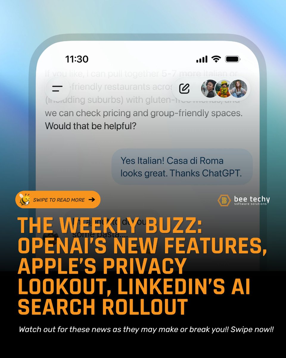 beetechyllc's tweet image. Big tech moves this week 🐝

OpenAI adds new features, Apple tightens privacy, LinkedIn boosts AI search, Cash App pushes crypto.
Swipe to stay ahead.

#BeeTechy #WeeklyBuzz #TechNews #StartupFounders