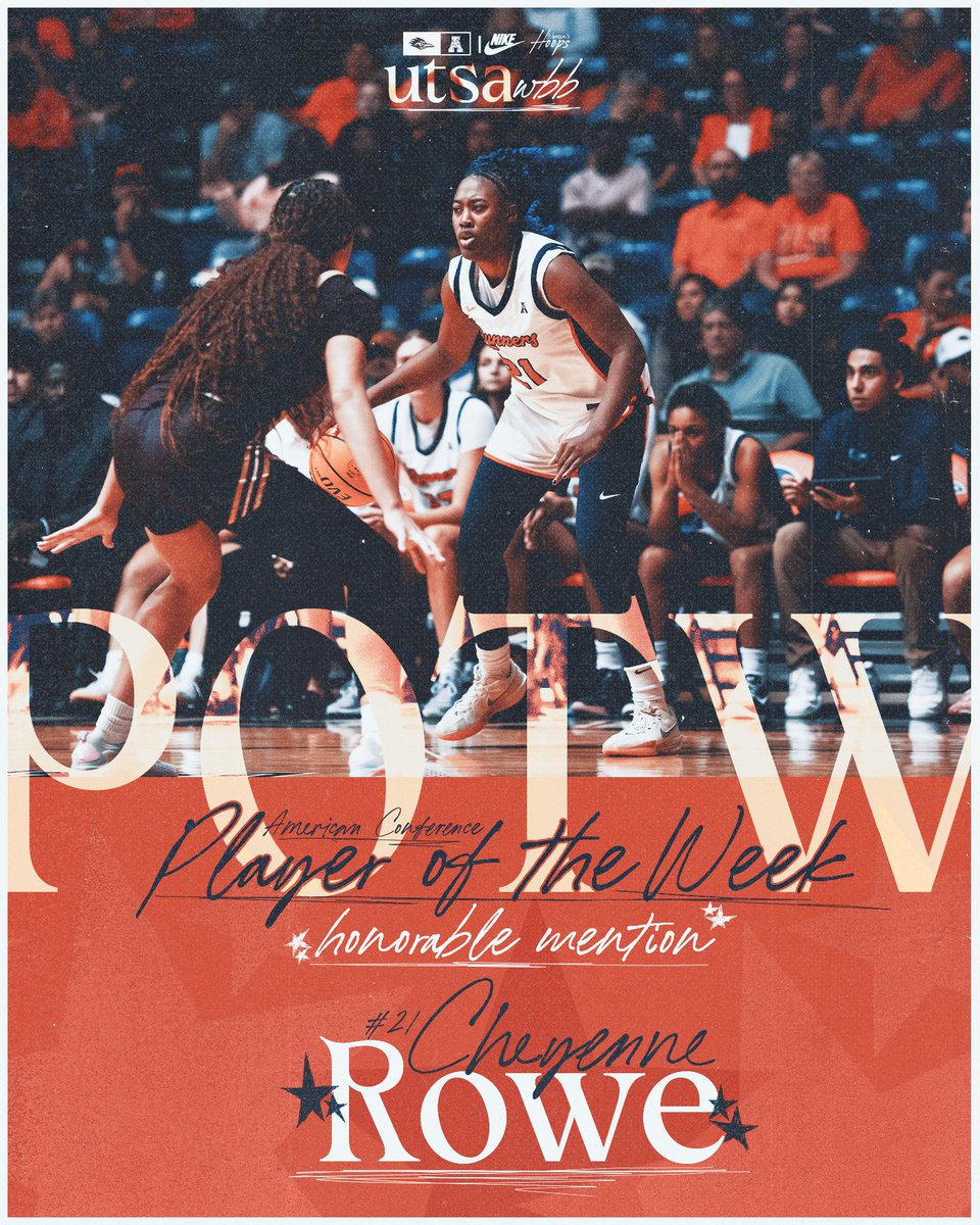 UTSAWBB's tweet image. Cheyenne Rowe was named an American Player of the Week Honorable Mention! 

#BirdsUp 🤙 | #LetsGo210 | #CashIn 🏀