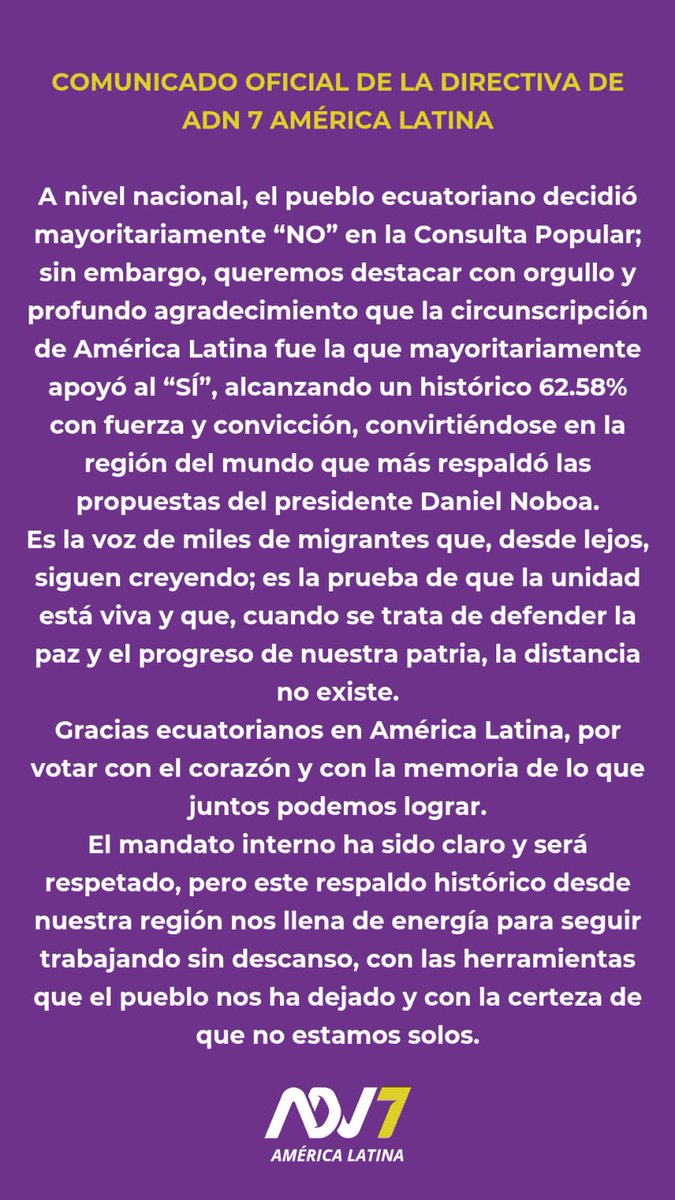 🇪🇨 Que orgullo siento de representar a mi circunscripción de América Latina <a href="/Adnecuadorok/">AdnEcuadorOk</a>. Señor presidente, como estructura hemos trabajado desde el día 1 y los resultados están a la vista, somos porcentualmente la provincia con mayor aprobación con un 62.58% promediando las 4