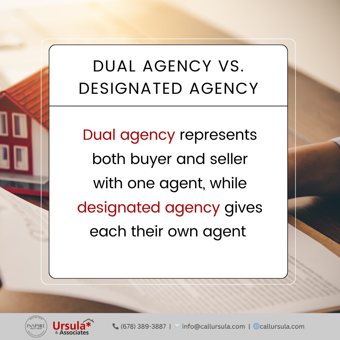 uandateam's tweet image. 🏡 Dual vs. Designated Agency: Dual agency = 1 agent for both buyer &amp;amp; seller 🤹‍♂️. Designated agency = separate agents for each 👥. Confused? Contact us! 💬 

#RE101 #RealEstateTips #HomeBuyingHelp