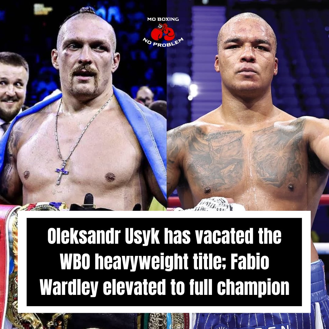 MoBoxingNP's tweet image. Oleksandr Usyk has officially vacated his WBO World Heavyweight title. As a result, interim champion Fabio Wardley has been elevated by the WBO and crowned as the new WBO World Heavyweight champion. 🏆

Thoughts? 🤔