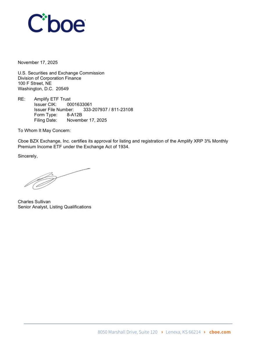 Your_CryptoDog's tweet image. 🚨 BREAKING: CBOE JUST APPROVED THE AMPLIFY XRP 3% MONTHLY PREMIUM INCOME ETF! 🚀

This is MASSIVE institutional validation for XRP First ever XRP based ETF with built in yield is now cleared to list!

#XRP #XRPArmy #XRPCommunity