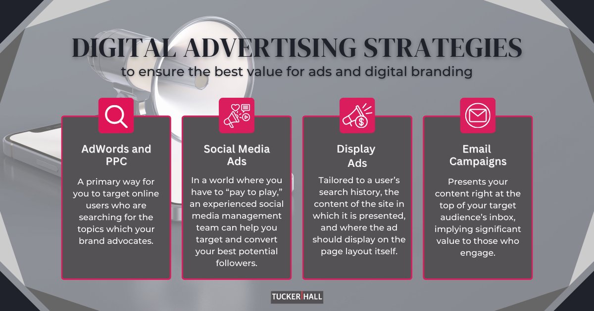 tuckerhall's tweet image. Today, the internet is the leading marketing platform. However, successfully navigating digital advertising requires expertise and the right tools.

Below are some #digitaladvertising strategies we use to help our clients get the best value for their ads and digital branding.