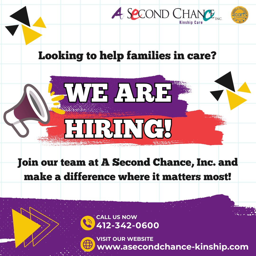 ASCI_Kinship's tweet image. WE’RE HIRING! 💼Ready to make a real impact? Join us in empowering #children &amp;amp; #families every day. 💙 Explore open positions &amp;amp; start making a difference! asecondchance-kinship.com/careers/open-p…

#ASCI #Pittsburgh #Philadelphia #jobs #childwelfare #caseworker #fostercare #kinship #socialservices