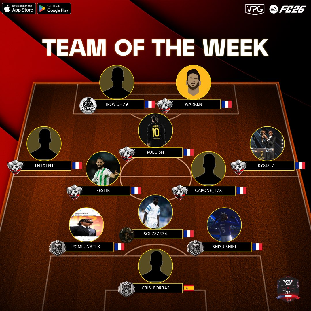 • VPG France

👤 Équipe de la semaine | TOTW
🏆 Ligue 1
🗓️ Semaine 5

Félicitations aux nominés