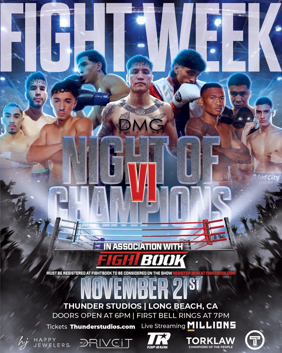 🔥 It’s Fight Week! 🔥

DMG Boxing and Top Rank take over Thunder Studios in Long Beach, CA this Friday, November 21st! 🥊💥

⏰ Doors open at 6PM | First bell at 7PM
🎟️ Tickets still available at ThunderStudios.com 

#DMGBoxing #NightOfChampionsVI #TopRank #FightBook