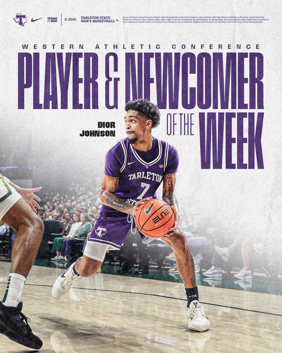 TarletonMBB's tweet photo. Dior Johnson’s record-setting performance earned him the WAC’s double honor this week 🤩🤠

Read more - https://t.co/uLUD1siwYm https://t.co/qx6SfX1x7b