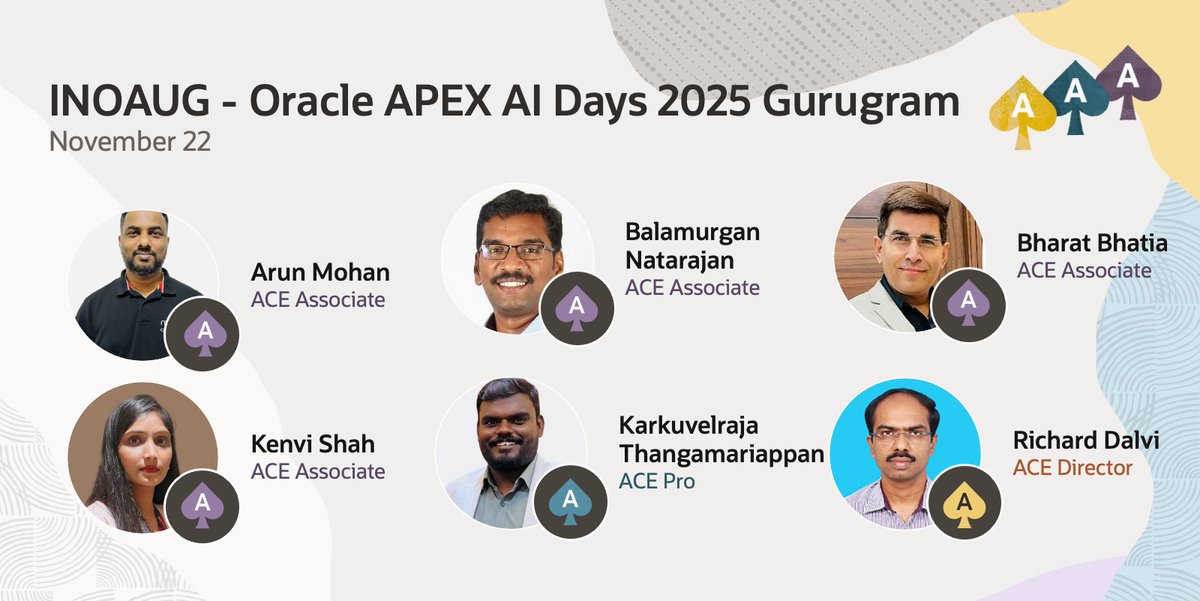 oracleace's tweet image. 🇮🇳 INOAUG - Oracle APEX AI Days 2025 is coming to Gurugram on Nov 22!
Expand your APEX expertise and ignite your passion for innovation with #OracleACE experts and Oracle pros.
Don’t miss this inspiring day of learning and networking!
Details &amp;amp; registration 👉…