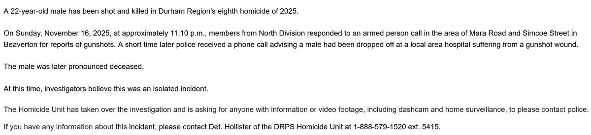 Media371's tweet image. .@DRPS Homicide Unit investigating a fatal shooting in #Beaverton on Sunday night. This is @RegionofDurham’s eighth homicide of 2025.

Media Release ---&amp;gt;