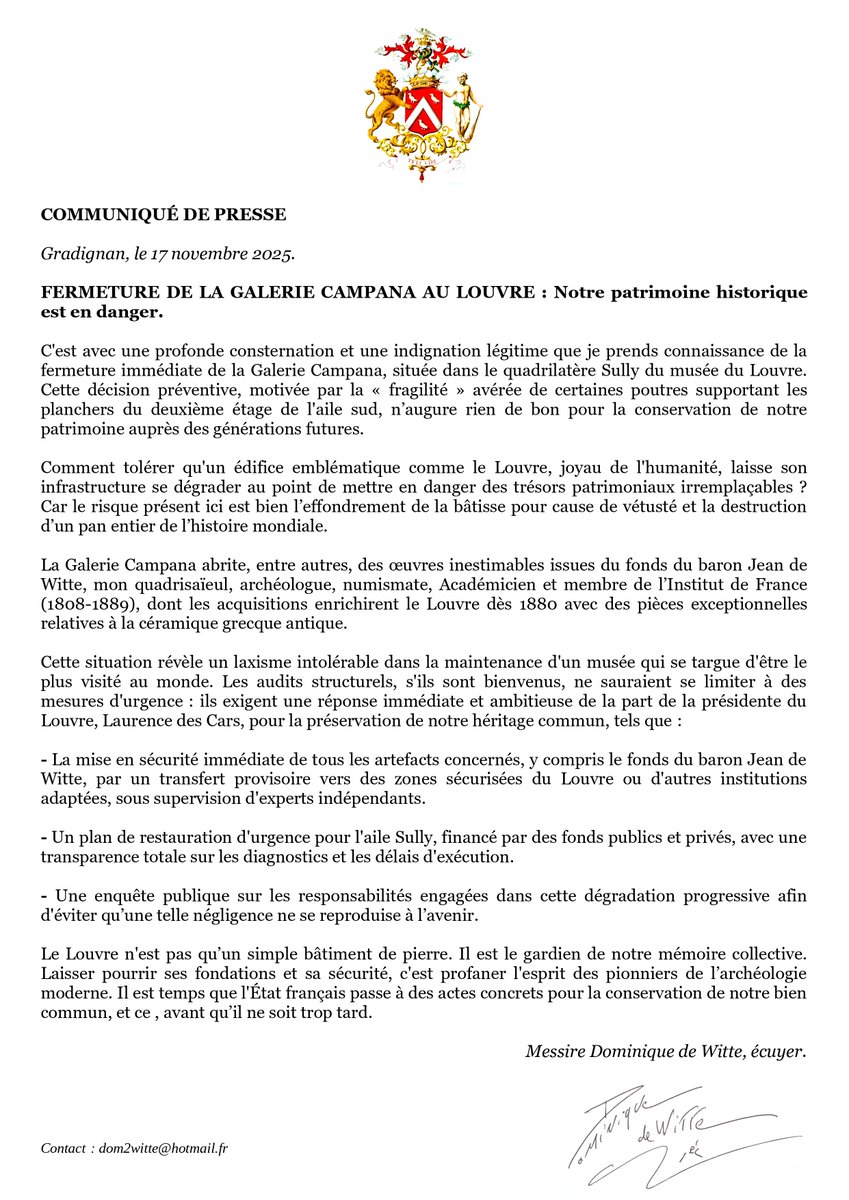 COMMUNIQUÉ DE PRESSE

Gradignan, le 17 novembre 2025.

FERMETURE DE LA GALERIE CAMPANA AU LOUVRE : Notre patrimoine historique est en danger.

C'est avec une profonde consternation et une indignation légitime que je prends connaissance de la fermeture immédiate de la Galerie