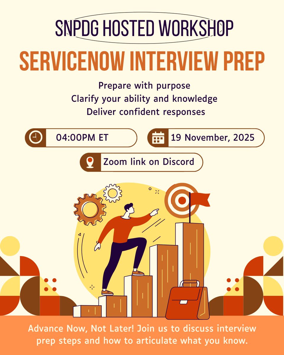 AdvanceSNPDG's tweet photo. In the past couple of weeks i've helped a few folks with interview prep so i thought it would be a good idea to host a workshop on it!

When: Wed, Nov 19 • 4:00–5:30 PM ET

Where: Zoom (https://t.co/vq9159FCWH)

Who is this workshop for: RiseUp participants/graduates and ServiceNow professionals that may want a refresher on interview prep OR SN Pros who would like to share advice

#ServiceNow #ServiceNowCommunity #RiseUpwithServiceNow