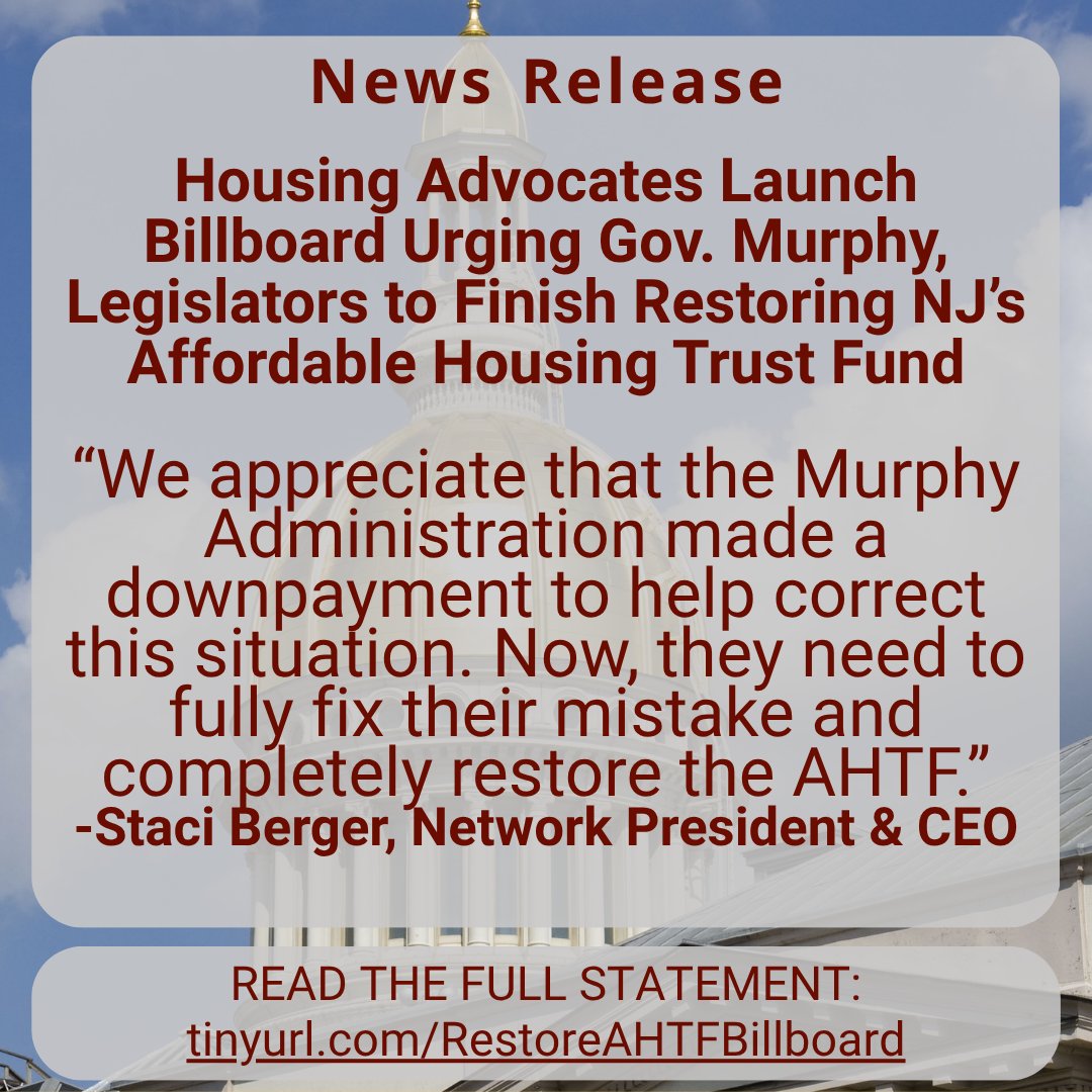 NEWS RELEASE 🗞️

"We appreciate that the Murphy Administration made a downpayment to help correct this situation. Now, they need to fully fix their mistake and completely restore the AHTF." -HCDNNJ President &amp; CEO Staci Berger

READ MORE: tinyurl.com/RestoreAHTFBil…