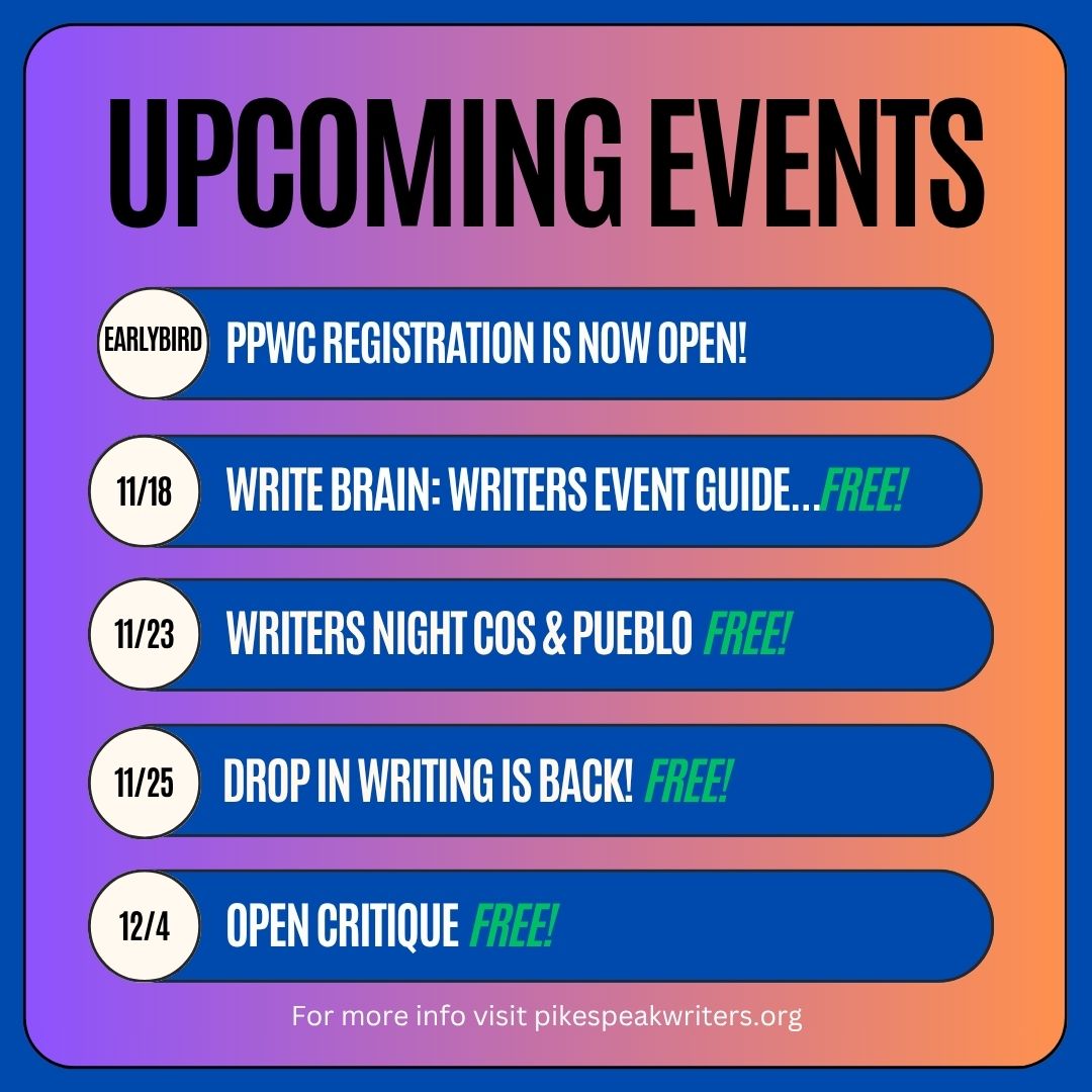 Tomorrow Shannon Lawrence joining us to talk about  the basics of writing appearances, including booking, proposals, consignment, and signing tables. woohoo! FREE! Attend from anywhere via Zoom, REGISTER now. Visit pikespeakwriters.org for more info.