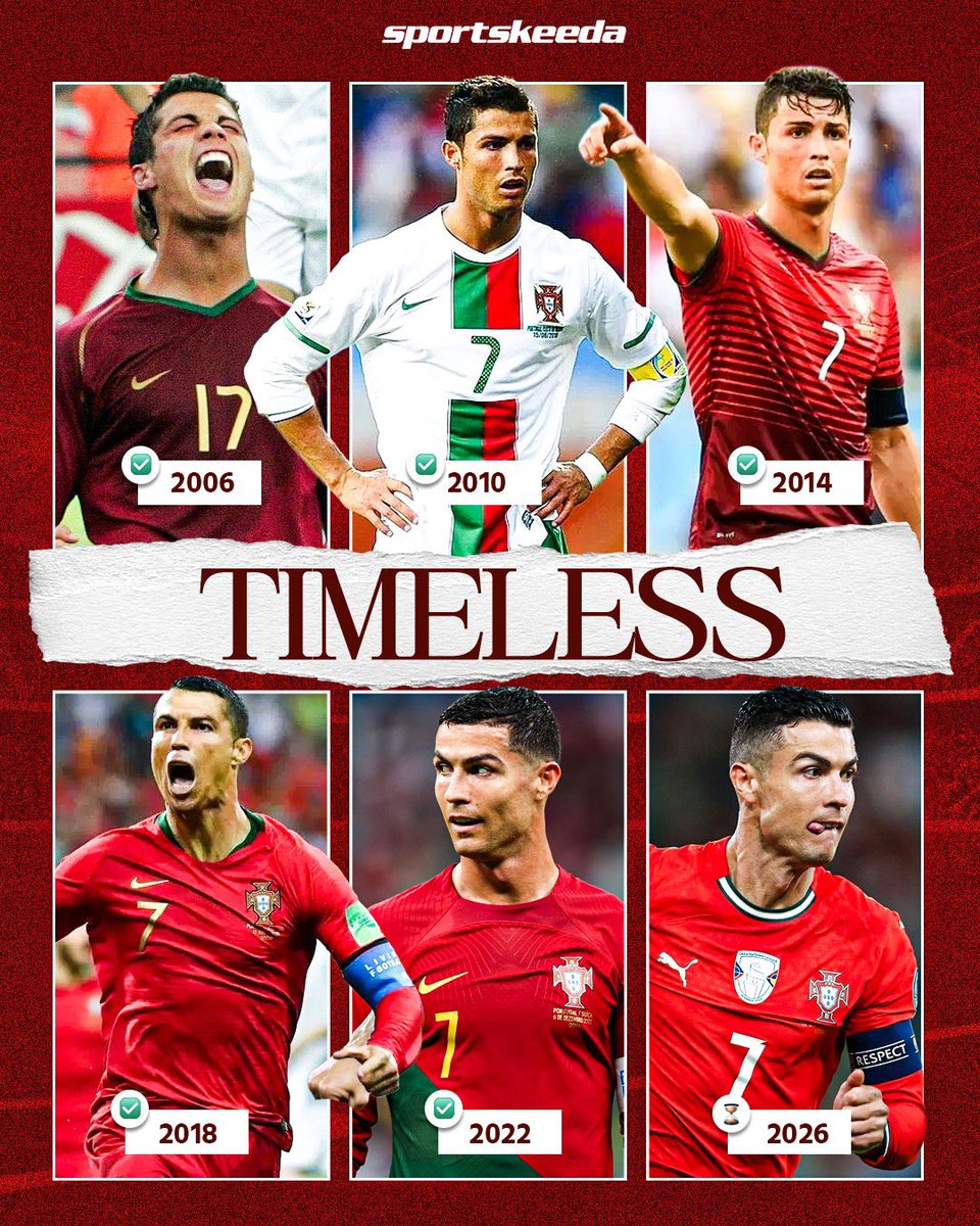 skworldfootball's tweet image. Two decades of Cristiano Ronaldo at the World Cup! 🇵🇹🌏🥺

2006 🇩🇪
2010 🇿🇦
2014 🇧🇷
2018 🇷🇺
2022 🇶🇦
2026 🇨🇦🇲🇽🇺🇸

A true testament to longevity! 🍷

#cristianoronaldo #football #worldcup #portugal