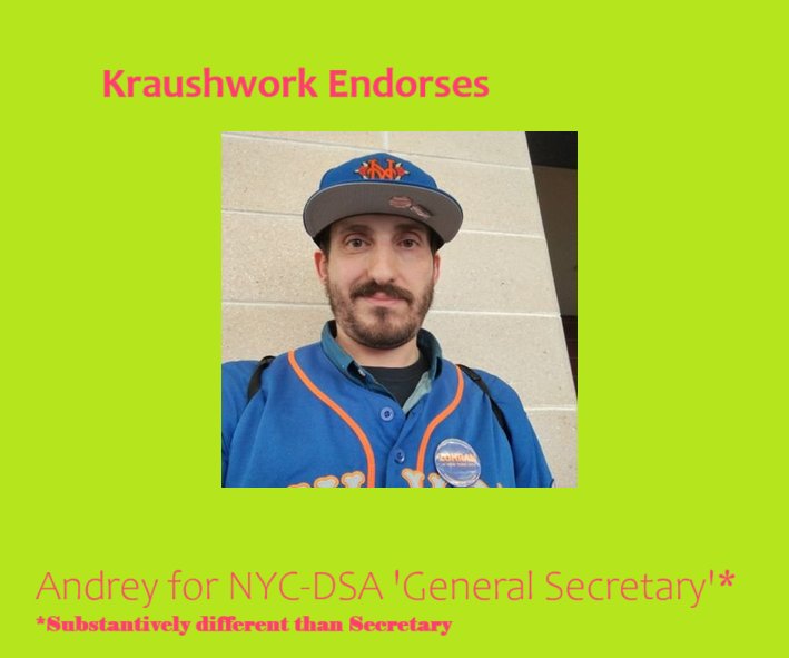 Finally someone stood up and made the endorsement. As the sole candidate running for NYCDSA General Secretary you should vote for <a href="/unionGustavo/">Gustavo</a> and <a href="/KraushTakes/">Hot Take Sommelier (Punished)</a> in the <a href="/nycDSA/">NYC-DSA 🌹</a> elections