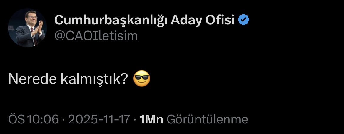 İki kez hesabı kapatılan Ekrem İmamoğlu’nun yeni hesabının ilk tweeti 70 dakika içinde 1 milyon görüntülenmeye ulaştı. 

<a href="/CAOIletisim/">Cumhurbaşkanlığı Aday Ofisi</a>
