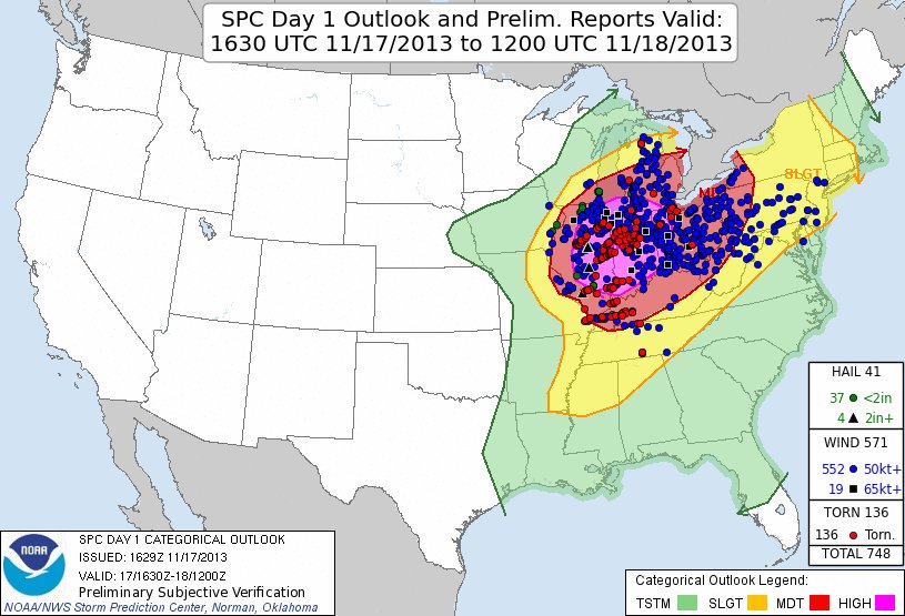 NWSSPC's tweet photo. On this day in 2013 a High Risk was issued for an impending tornado outbreak. By that evening, 74 tornadoes had occurred, including:
2 EF4s
7 EF3s 
and 
24 EF2s https://t.co/zSMjCHtsPU