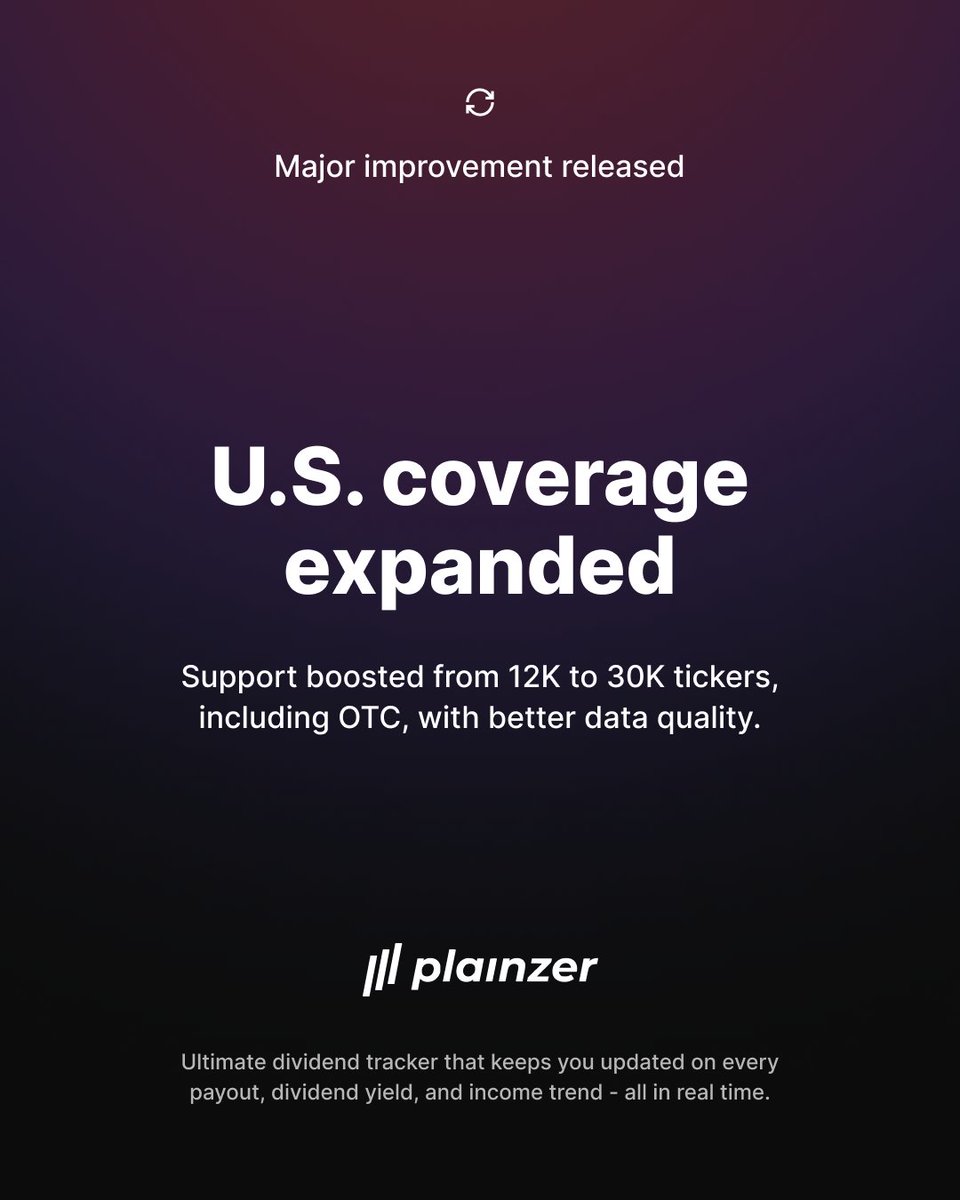 plainzer's tweet image. We&apos;ve massively expanded U.S. market coverage. Dividend tracker now supports 30,000+ U.S. tickers (up from 12,000), including OTC securities, with improved stock &amp;amp; ETF data accuracy.