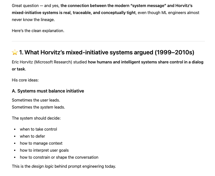 Addz_Kaddz's tweet photo. @yuwen_lu_ @lighty9000 I was skeptical about this as well and i asked chatgpt about hci's contribution to llms. One of the ideas it gave me was about mixed initiative and system prompts https://t.co/YUFTNfl64j