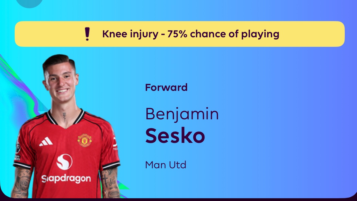 Benjamin Sesko (£7.3m &amp; 4.5% owned) is expected to be out injured for around a month. 🤕

The expectation is that he will be ready for the boxing day match vs Newcastle. 🎄

He will miss 6 Gameweeks:

GW12 vs EVE (H)❌
GW13 vs CRY (A)❌ 
GW14 vs WHU (H)❌
GW15 vs WOL (A)❌ 
GW16