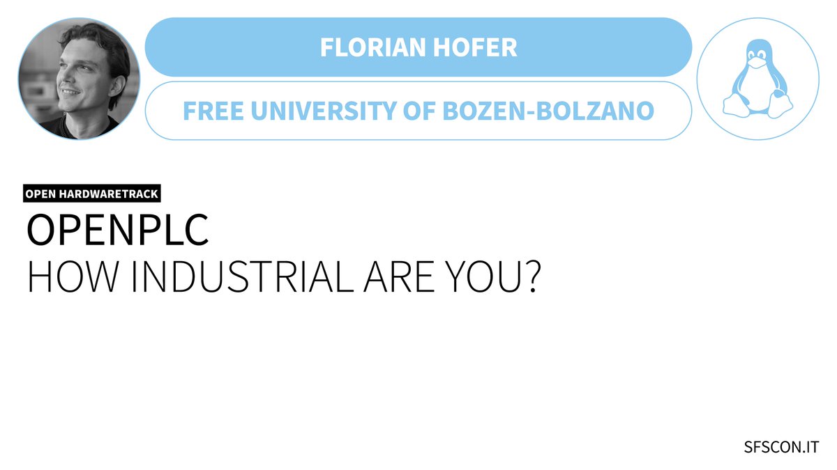 SFScon's tweet image. ⚙️ OpenPLC: how industrial are you?

🎤 Florian Hofer (unibz) was a speaker at #SFSCON25, his talk was part of the Open Hardware track.

🎥 Watch this presentation and discover more here! sfscon.it/talks/openplc-…
🔍 Revisit the full SFSCON 2025 programme: sfscon.it/programs/2025/