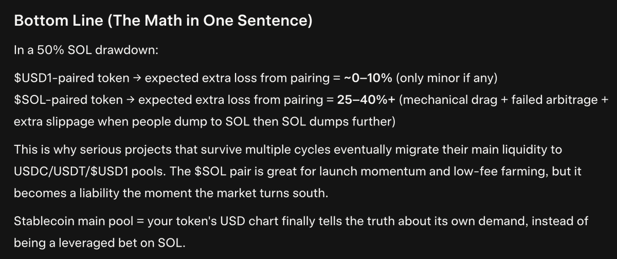 ponzibaron's tweet image. The value of @bonkfun&apos;s $USD1 pairings for memes cannot be understated during market conditions like this. 

I asked @grok to compare relative draw-down in price of a token when it&apos;s quote token/pair in an LP pool was $SOL versus a stablecoin during a 50% market drawdown.…