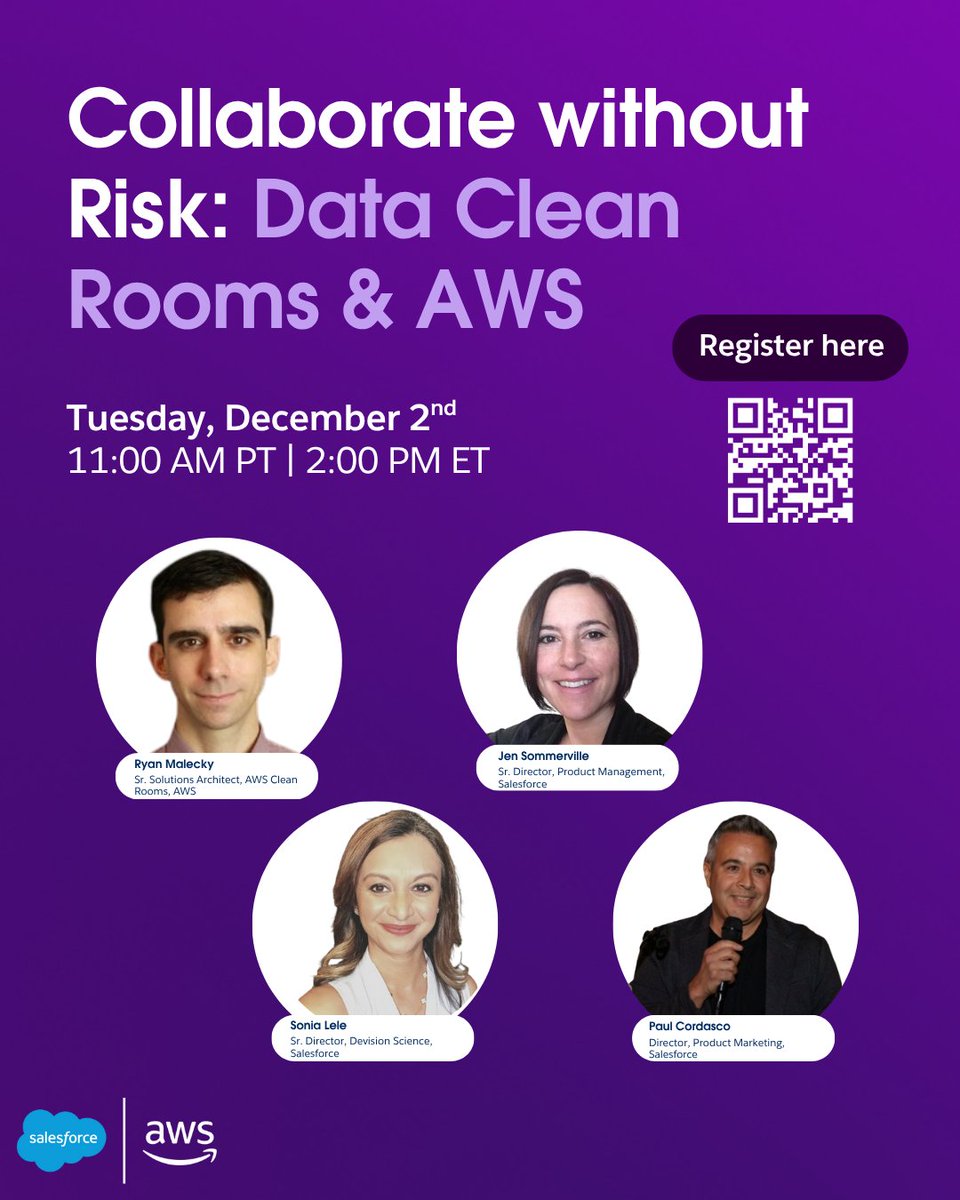 partnerforce's tweet image. Data silos and privacy risk are officially old news.

See Data Cloud Clean Rooms + AWS in action — all built on Zero Copy. Learn how to collaborate safely, find new audiences, and turn insights into action.

🔗 sforce.co/438NWTI