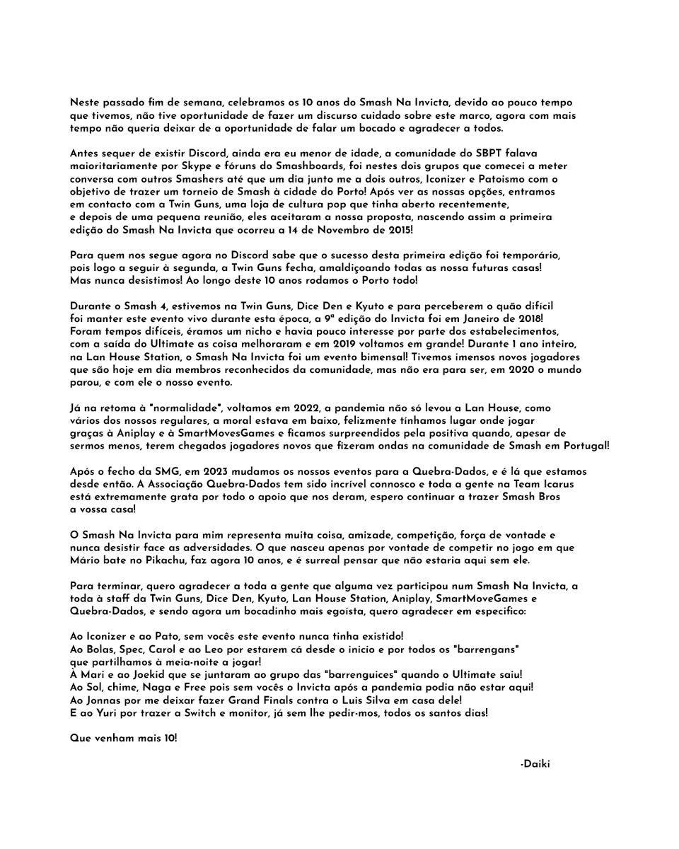 Uma mensagem de Daiki sobre o Smash Na Invicta!