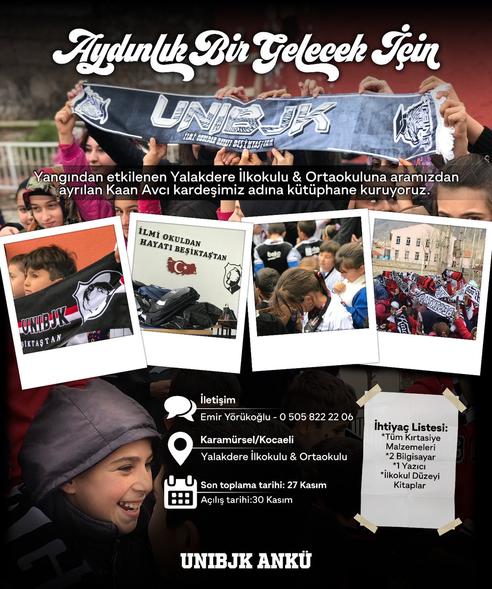 Yangından etkilenen Yalakdere İlkokulu ve Ortaokulu’na, geçen yıl kaybettiğimiz arkadaşımız Kaan Avcı adına bir kütüphane kuruyoruz. Bölgedeki öğrencilerin yeniden nitelikli eğitime erişebilmesi için desteğinizi bekliyoruz.