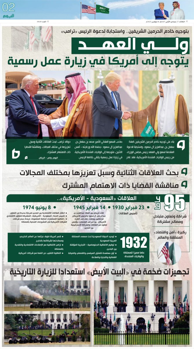 بتوجيه #خادم_الحرمين_الشريفين.. واستجابة لدعوة الرئيس "#ترامب"
#ولي_العهد يتوجه إلى #أمريكا في زيارة عمل رسمية

للمزيد | alyaum.com/article/6628142

#اليوم