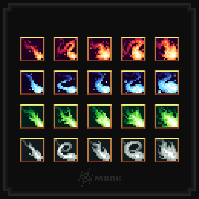 DrunkenMonkArt's tweet image. 16x16 elemental spell icons
#pixelart #ドット絵 #osrs