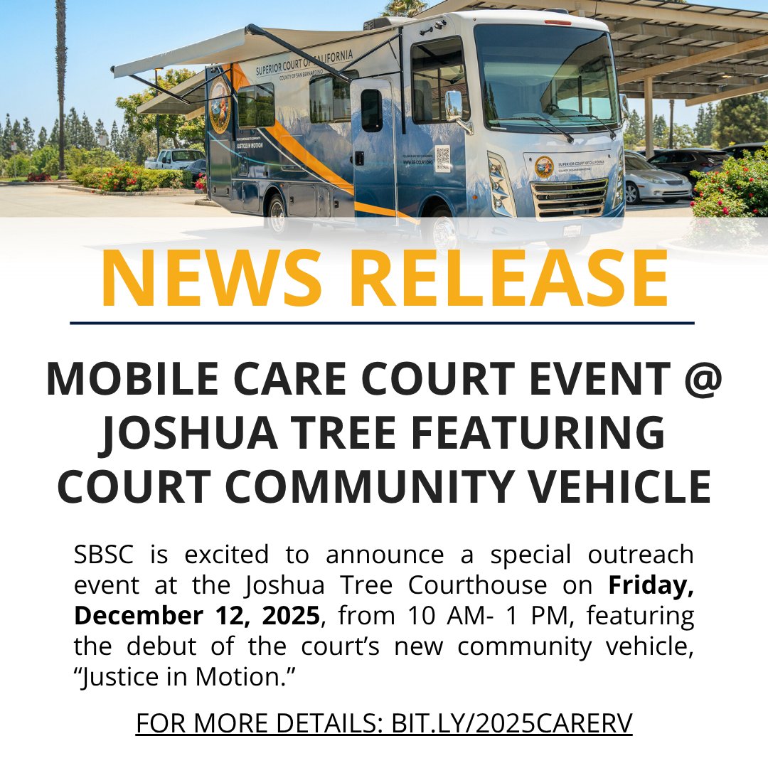 SBSC is excited to announce a special outreach event at the Joshua Tree Courthouse on Friday, December 12, 2025, 10 AM- 1 PM, featuring the debut of the court’s new community vehicle, “Justice in Motion.”  Details: bit.ly/2025CareRV

#Sanbernardino #joshuatree #yuccavalley