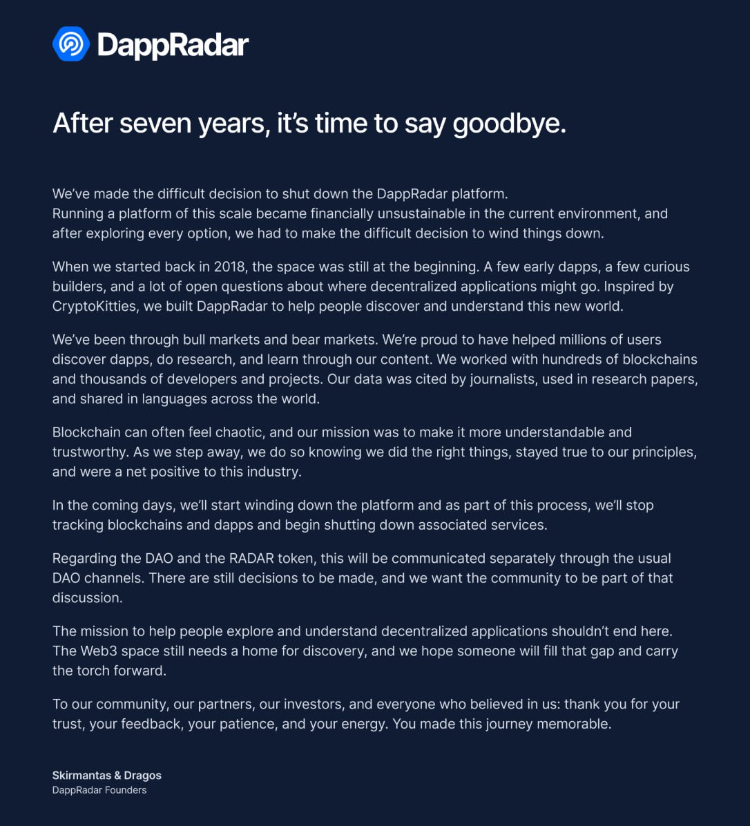 🚨 DAPPRADAR IS SHUTTING DOWN AFTER 7 YEARS 🚨 CITING UNSUSTAINABLE COSTS  💸 RADAR TOKEN PLUNGES AFTER ANNOUNCEMENT 📉 #Crypto #Blockchain #DappRadar  #RADAR #CryptoNews #Investing #WorldNews