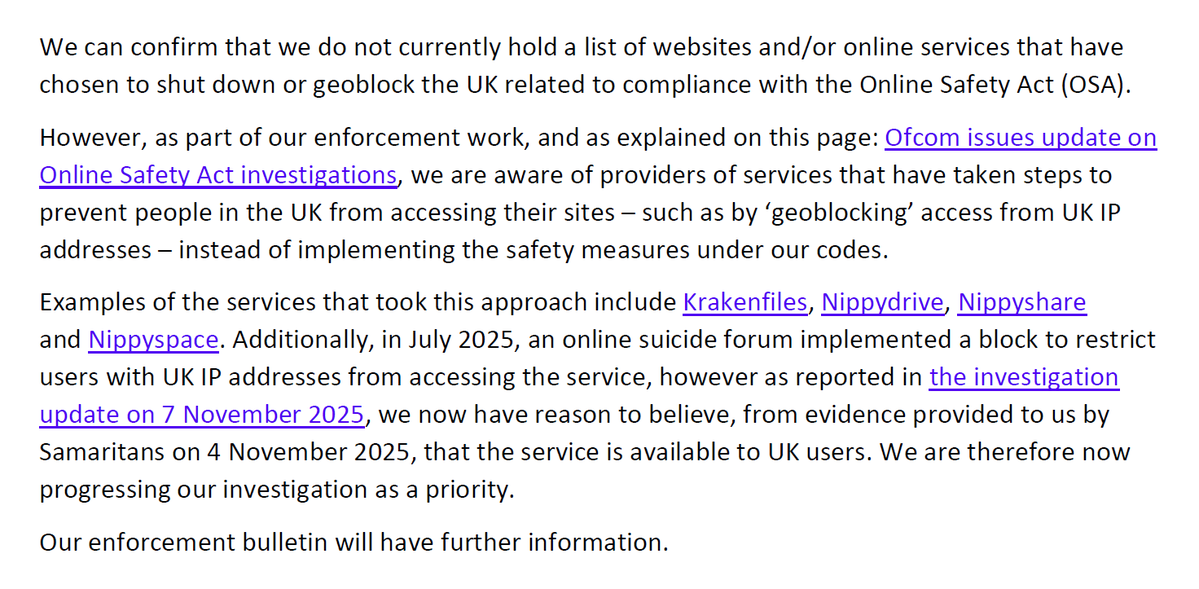 owenboswarva's tweet image. #FOI response: UK regulator @Ofcom does not currently hold a list of websites and/or online services that have chosen to shut down or geoblock the UK related to compliance with the Online Safety Act (OSA) owenboswarva.com/FOI/FOI_Ofcom_…

#censorship #openweb #techpolicy