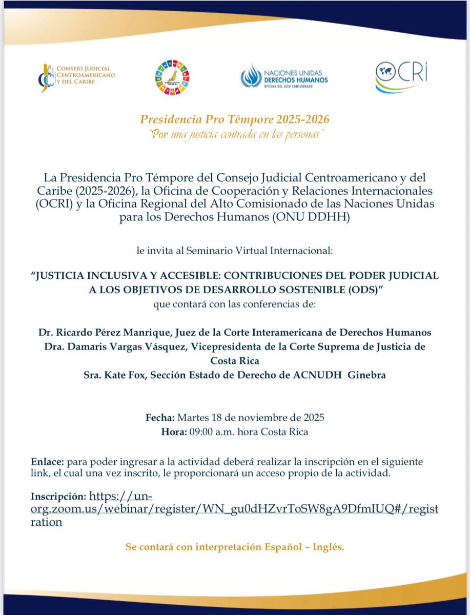 Mañana participaré en el siguiente evento con una ponencia relativa al ODS 16 y el acceso a la justicia de grupos y personas en situación de vulnerabilidad <a href="/CorteIDH/">Corte Interamericana de Derechos Humanos</a> <a href="/ConsejoJudicial/">Consejo Judicial Centroamericano y del Caribe</a> <a href="/ONUHumanRights/">ONU Derechos Humanos Colombia</a> 

Para inscripciones aquí: un-org.zoom.us/webinar/regist…