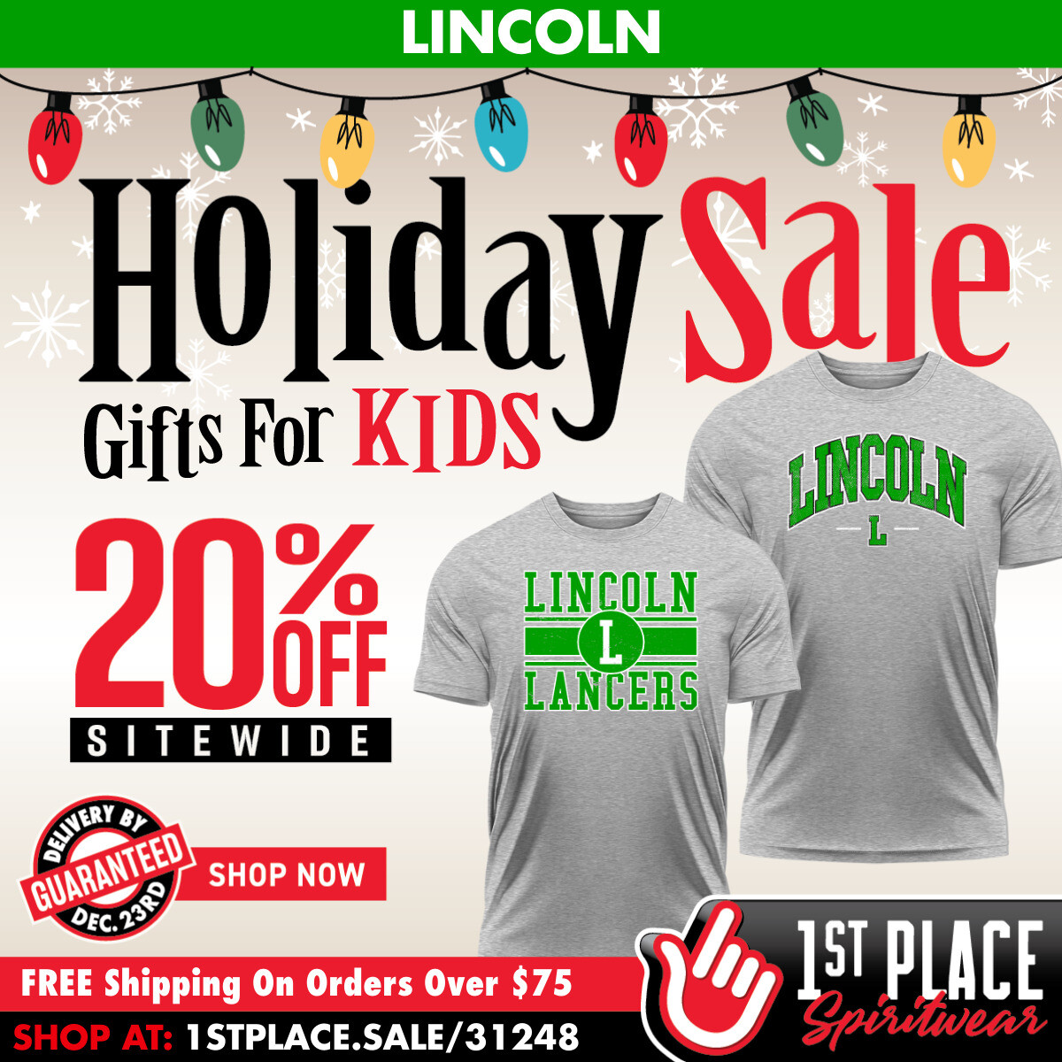 Take 20% off sitewide with FREE SHIPPING on orders over $75! Shop from hoodies, shirts, hats, and more! Order your custom Lincoln gifts now with guaranteed delivery by December 23rd! 1stplace.sale/31248