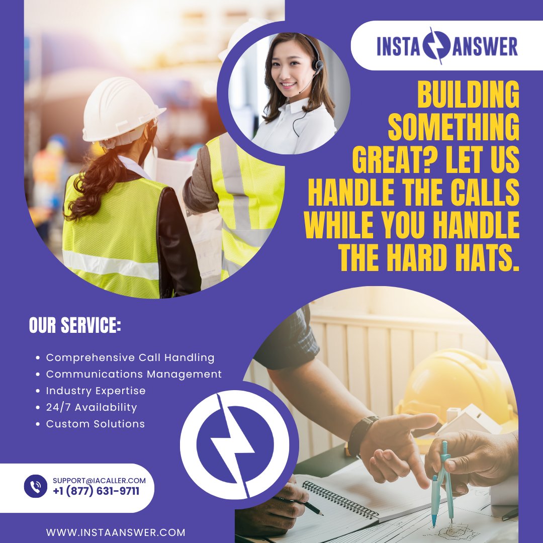 Insta_Answer's tweet image. In construction, every minute counts  and so does every call. From new project inquiries to “Can you come out today?” messages, missed calls can mean missed contracts.

Call (877) 631-9711 or Email us at support@iacaller.com today!

#Construction #CSR #InstaAnswer #Builders