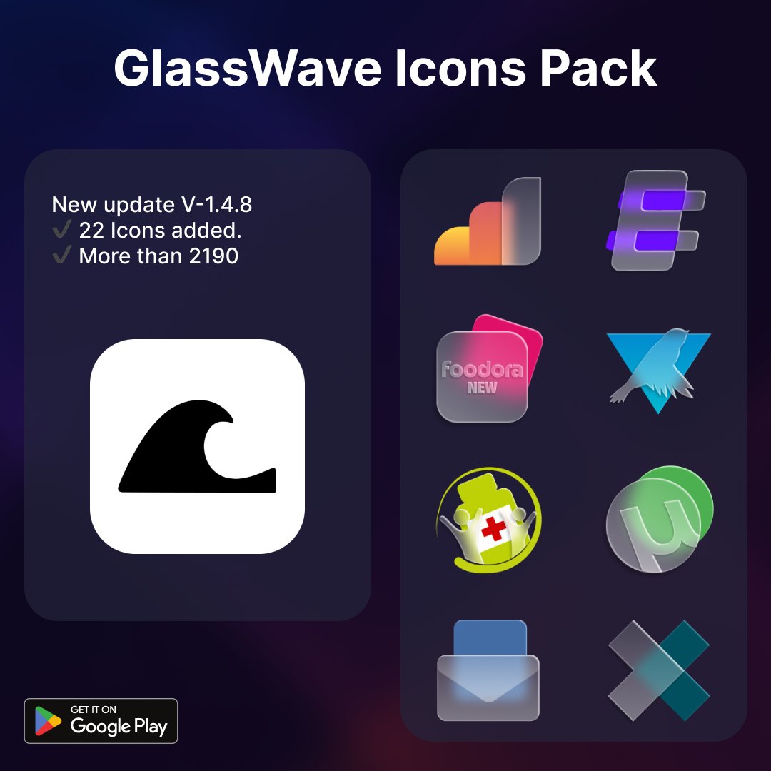 Android15Kustom's tweet image. 🥳New GlassWave Update Now Available!
✔️V-1.4.8
🔹️22 icons added
🚀 In total more than 2190 icons

📦 Available on Google Play 
📍bit.ly/3F5vUJe

#icons #android