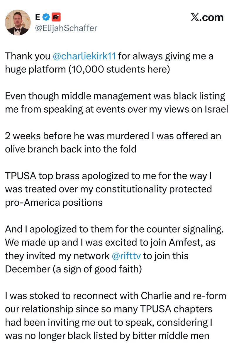 Now <a href="/ElijahSchaffer/">E</a> is trying to rewrite his history with Turning Point. 

You didn’t get blacklisted over your Israel views. You got blacklisted because you had after parties drinking with underage kids and fucked around on your wife with multiple young girls at those parties.